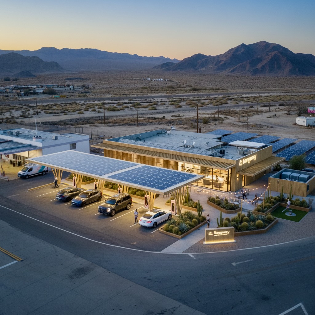 A Basecamp exterior with warm evening light