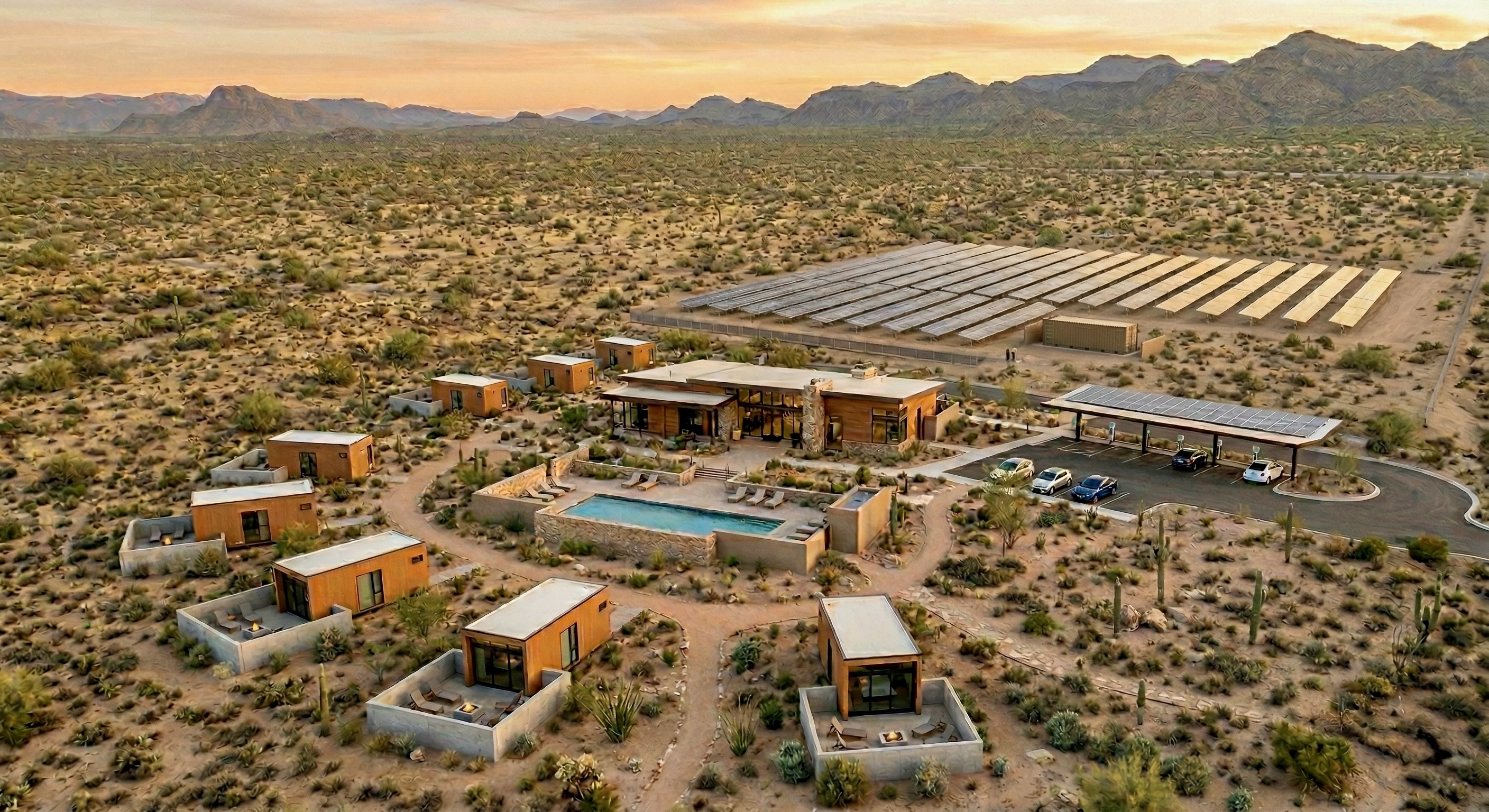A Summit Lookout framed by the desert at dusk