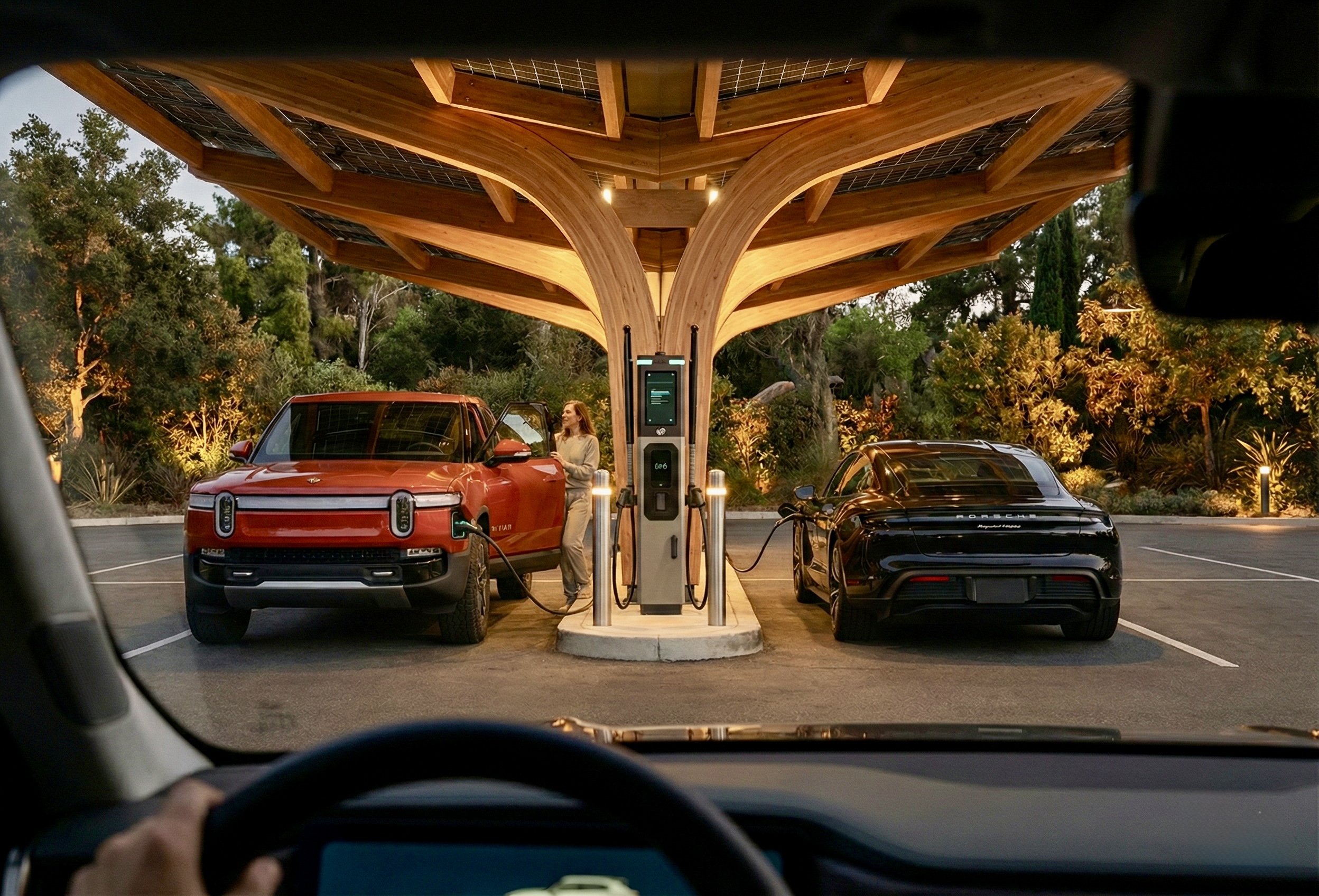 A Trailhead canopy with warm lighting