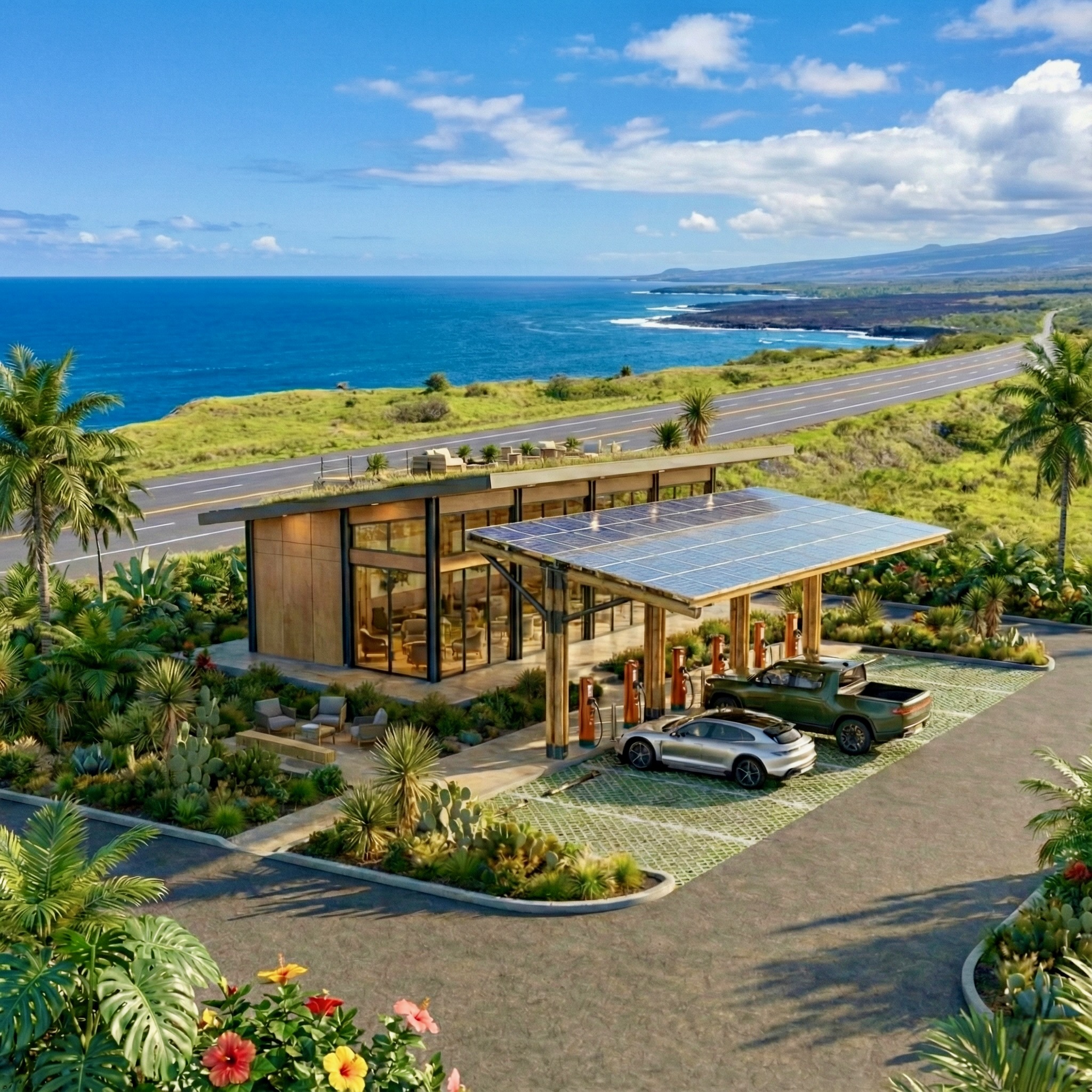 A Rangeway Waystation at dusk, framed against the coastline